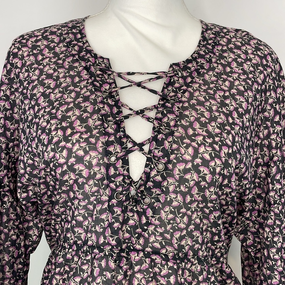 MCGUIRE Gray and Purple Floral Long Sleeve Cotton Peplum Blouse. Size Small. - Picture 2 of 12